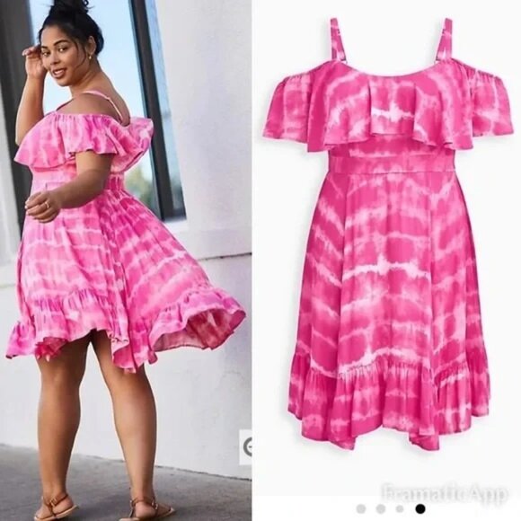 TORRID Pink Tie Dye Cold Shoulder Dress Handkerchief Skater Dress Sz 0 (L) NWOT - Picture 1 of 12